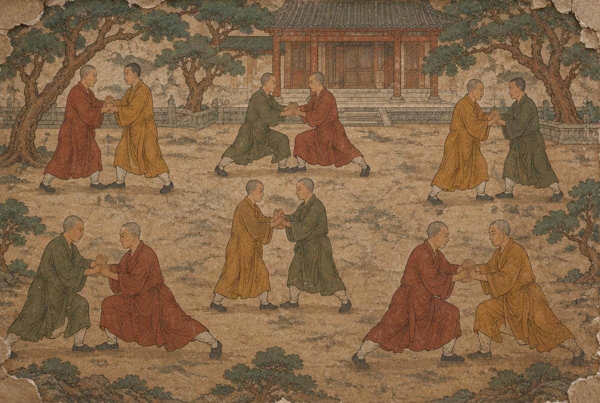 An old wall painting of monks practising in pairs in a temple courtyard.