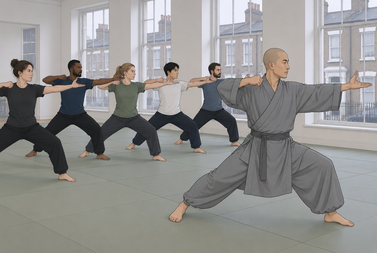 A monk in grey robes leading a row of adult beginners in a bow stance in a London hall.