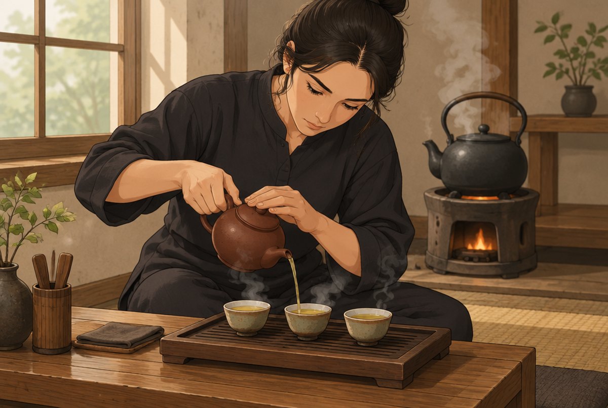 An adult carefully pouring tea from a small clay teapot into cups.