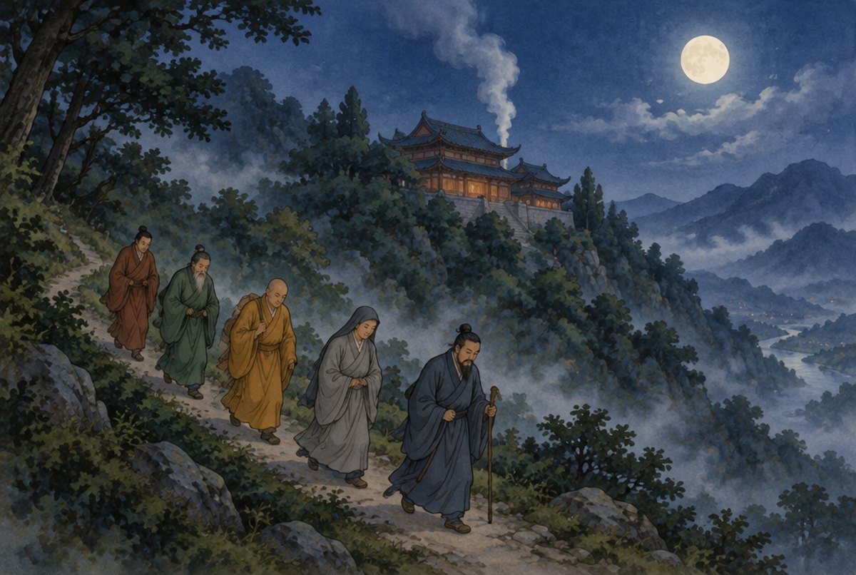 Smoke rising from a hillside temple at night while five robed figures walk away along a path, in legend style.