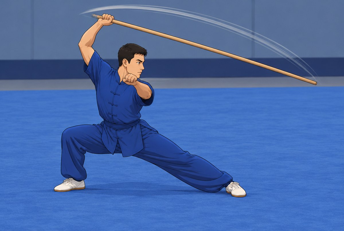 An athlete swinging a long staff above his head in a solo routine on a blue carpet.
