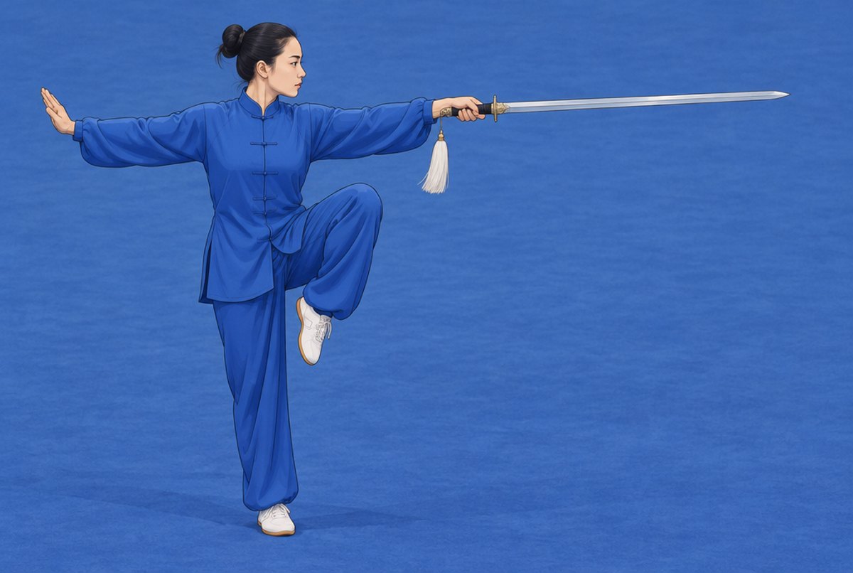 An athlete balancing on one leg with a straight sword extended in a solo routine.