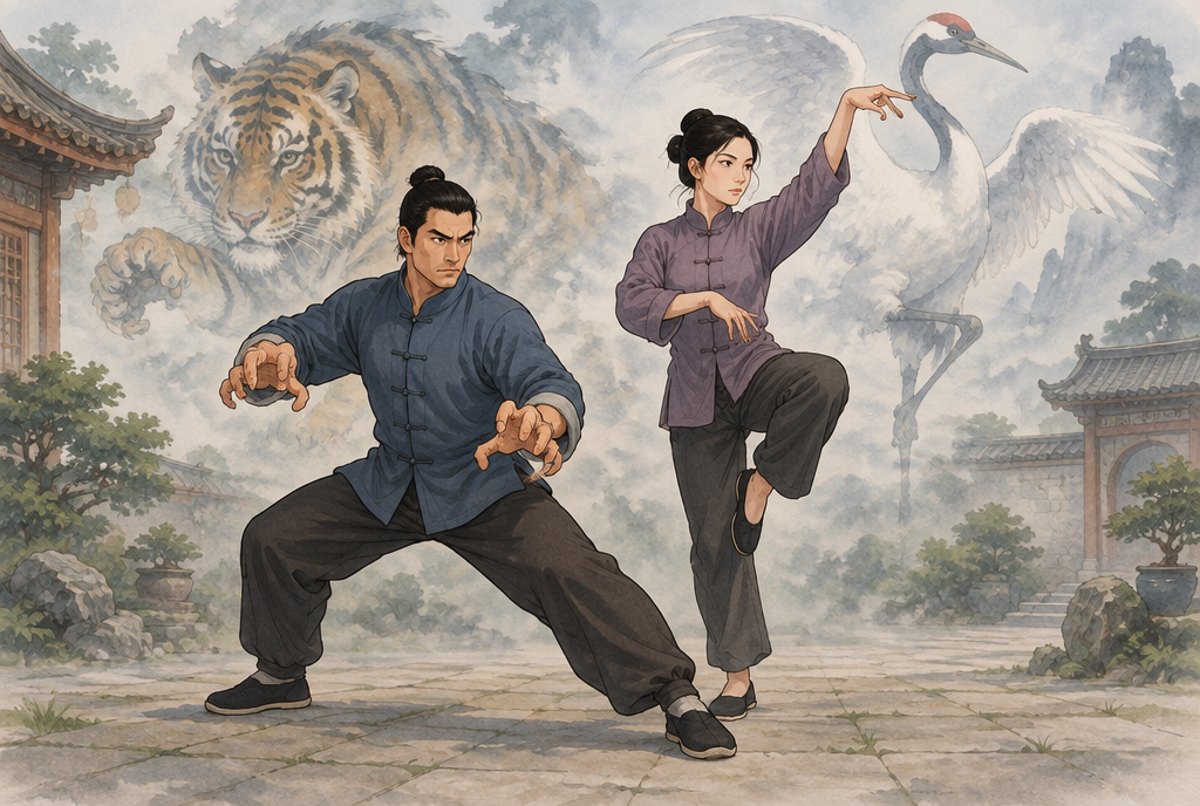 A man in a tiger claw stance and a woman in a crane stance, with a tiger and crane in the mist behind, in legend style.