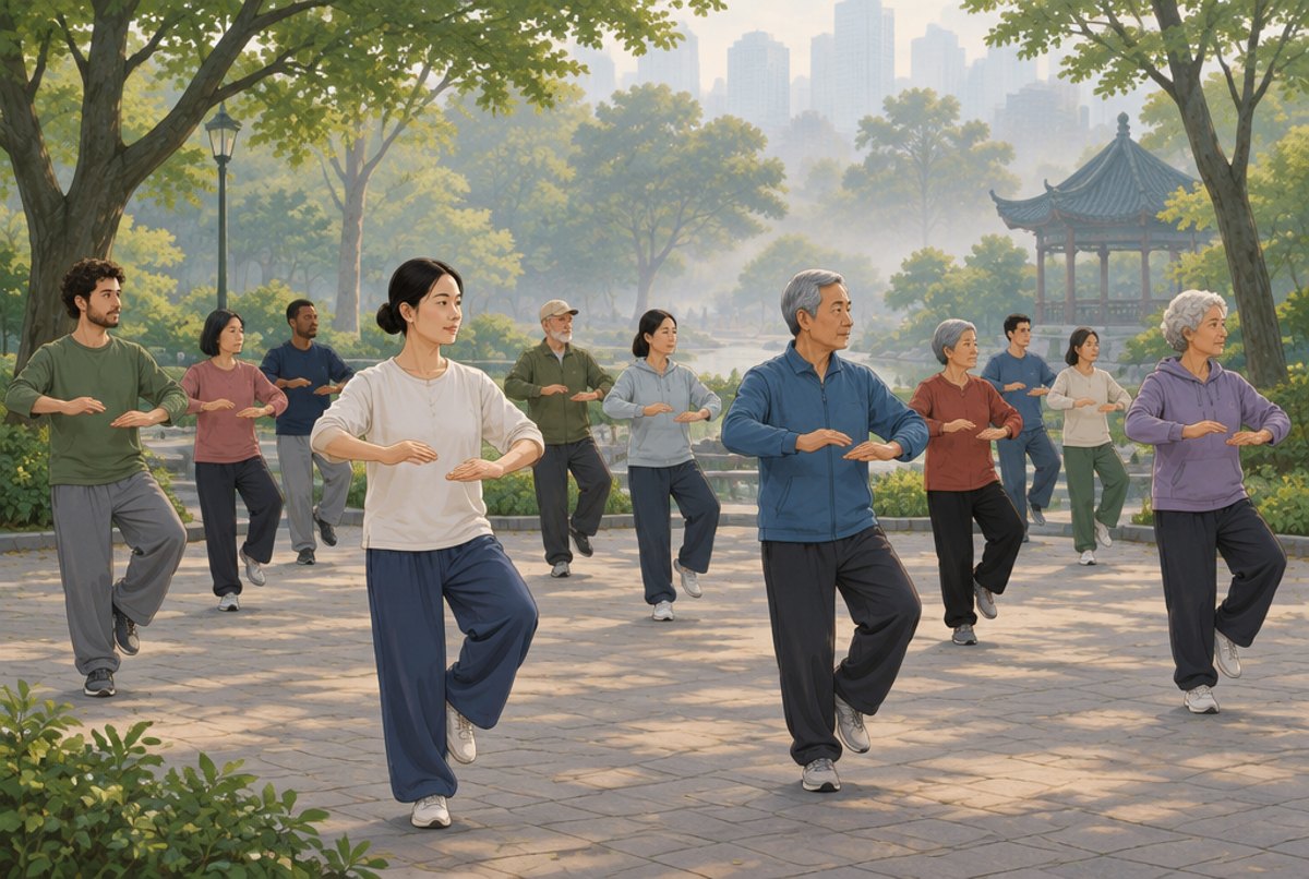 Rows of adults practising the same slow tai chi movement in a park in the morning.