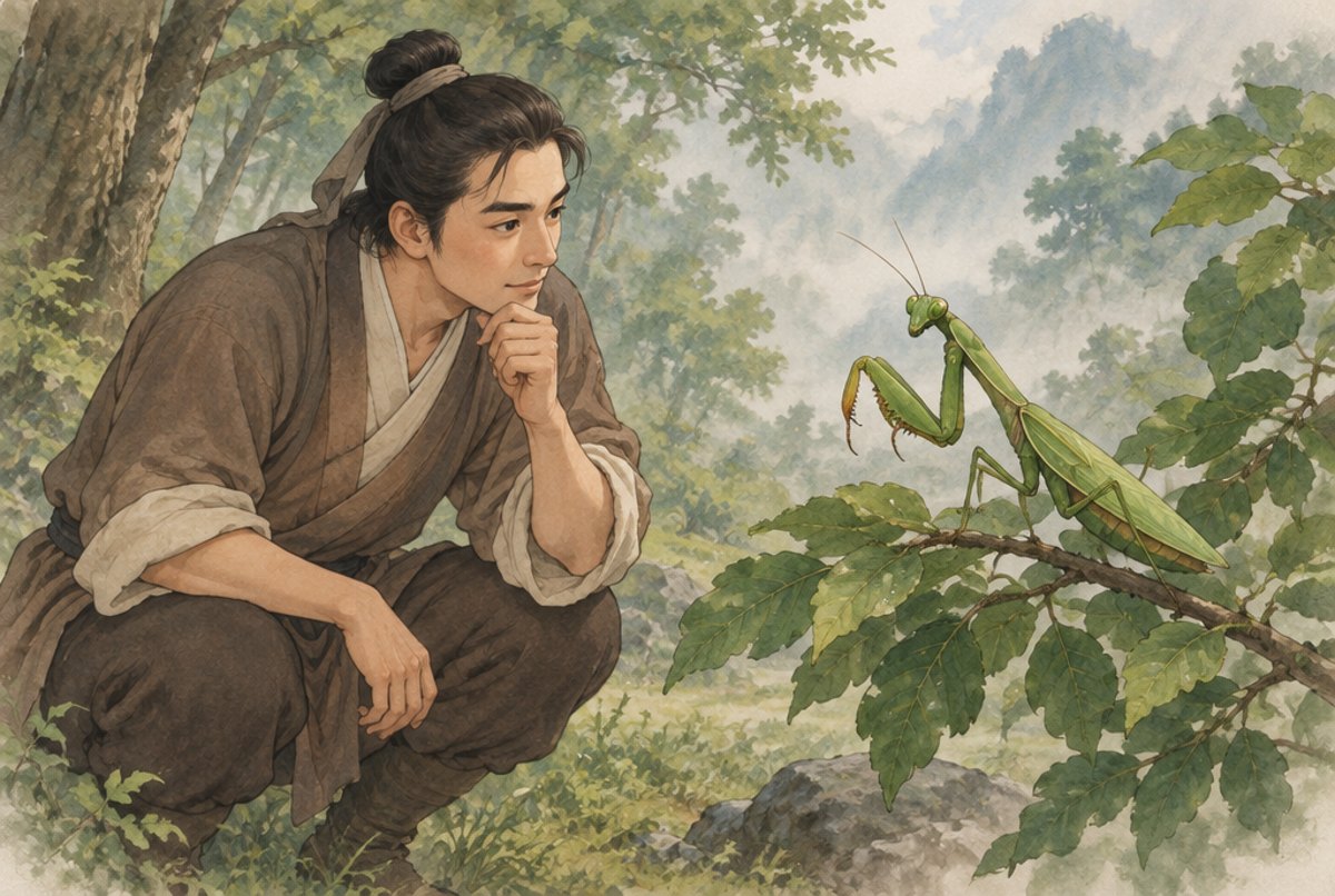 A man crouching to study a praying mantis on a branch, in legend style.