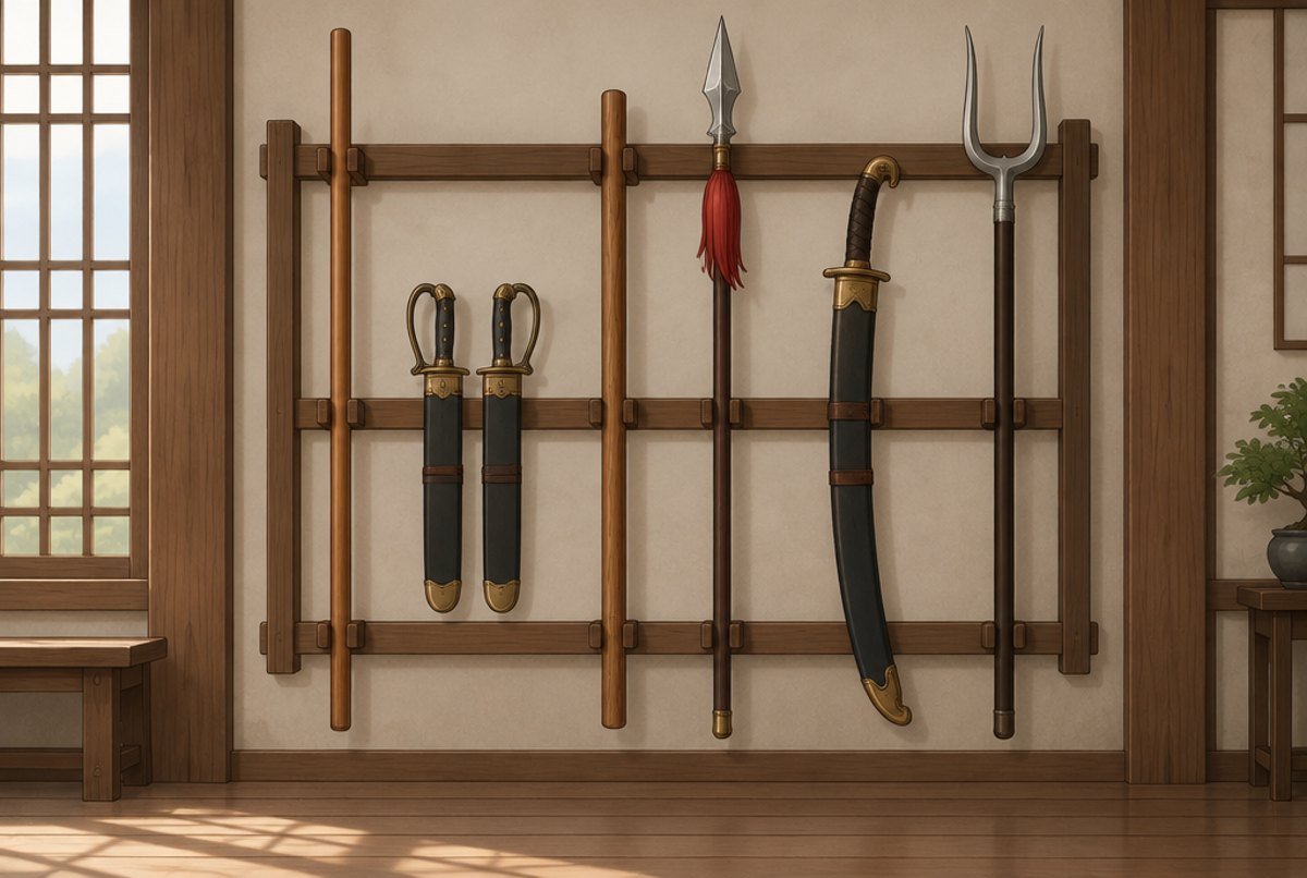 A wall rack holding a long pole, butterfly swords, a staff, a spear, a broadsword and a forked weapon.