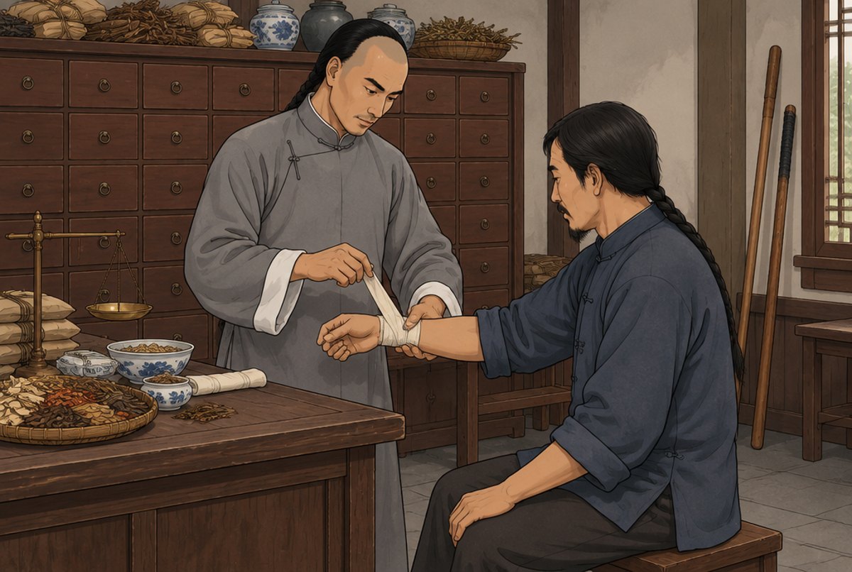 A physician in a long gown bandaging a patient's wrist in a clinic with a cabinet of plain wooden drawers.