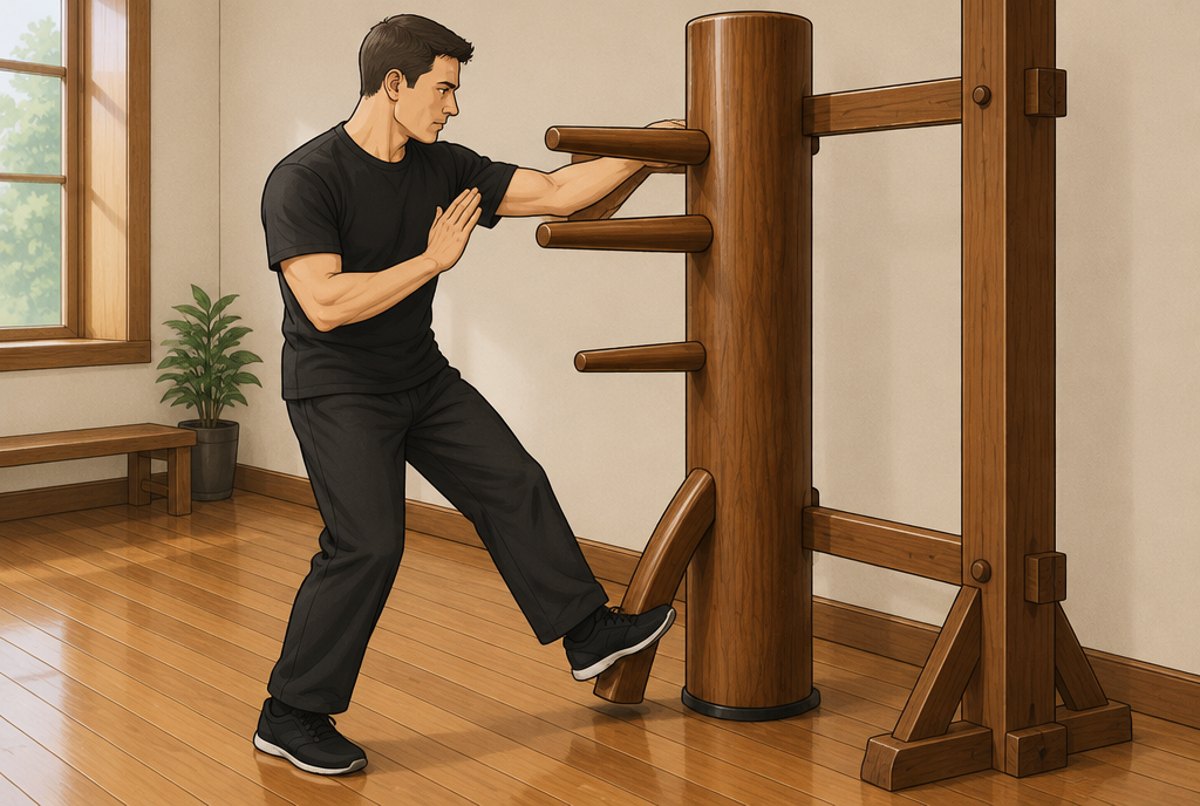 A person practising techniques on a Wing Chun wooden dummy.