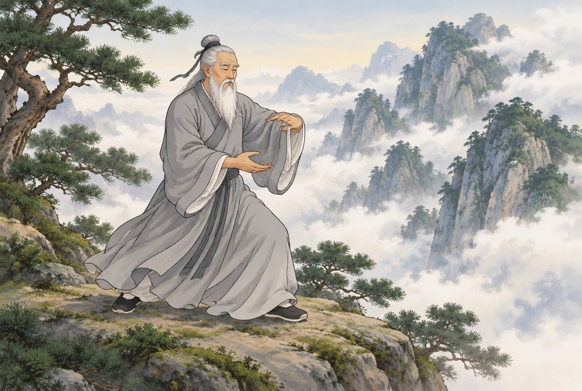 An old bearded hermit moving slowly on a misty mountain ledge, in legend style.