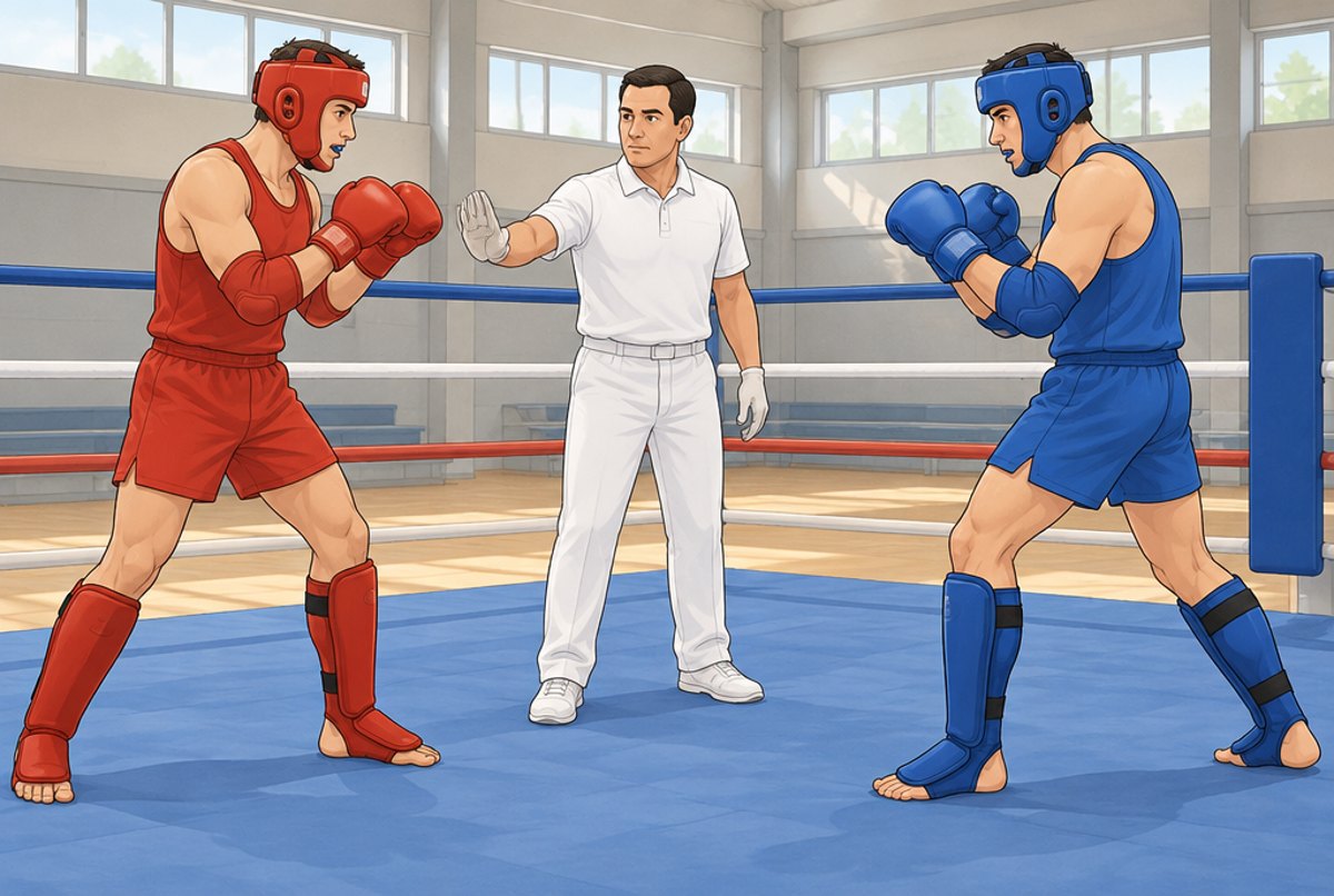 Two amateur fighters in head guards, elbow guards and shin guards facing each other as the referee starts the bout.