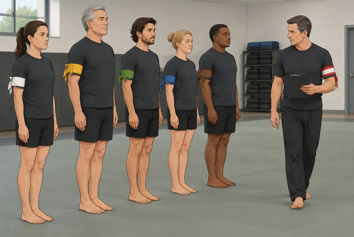 A line of adult students wearing white, yellow, green, blue and brown armbands, an instructor walking past.