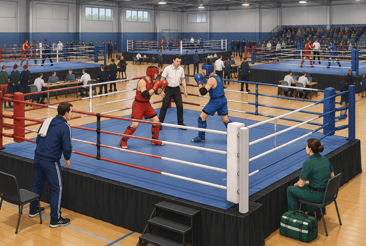 Two adult novice fighters in full protective kit in one of several rings in a big sports hall, a paramedic at ringside.
