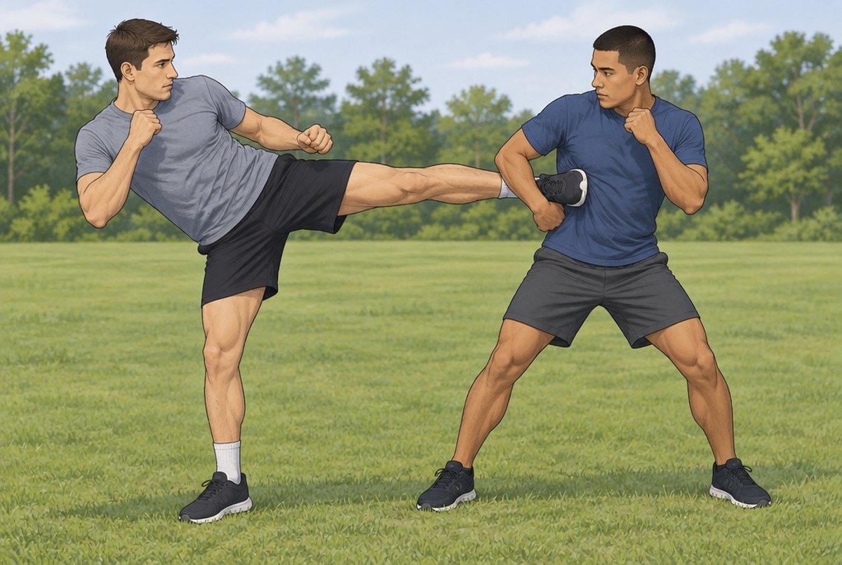 A man catching his partner's kicking leg against his side, guard up.