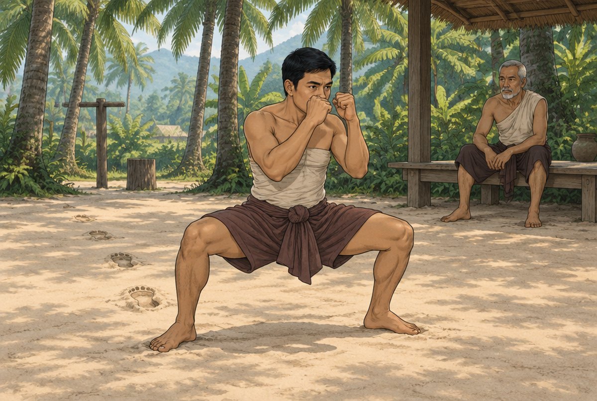 A fighter in a low, wide stance with a high guard stepping forward on sand, footprints behind him.