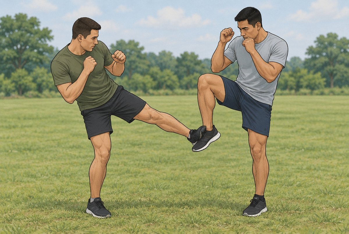 A man lifting his shin to block his partner's low round kick.