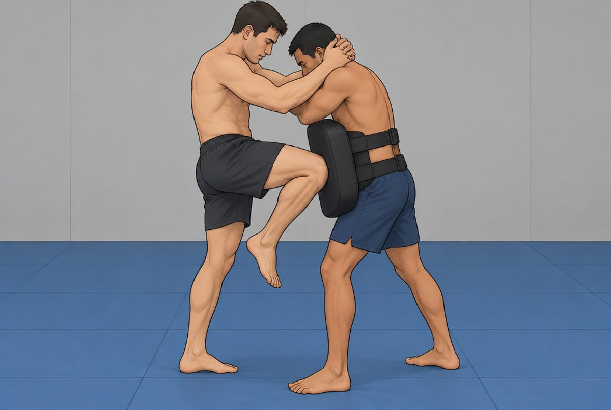 Two men practising the clinch, one holding the neck and driving a knee into a belly pad.
