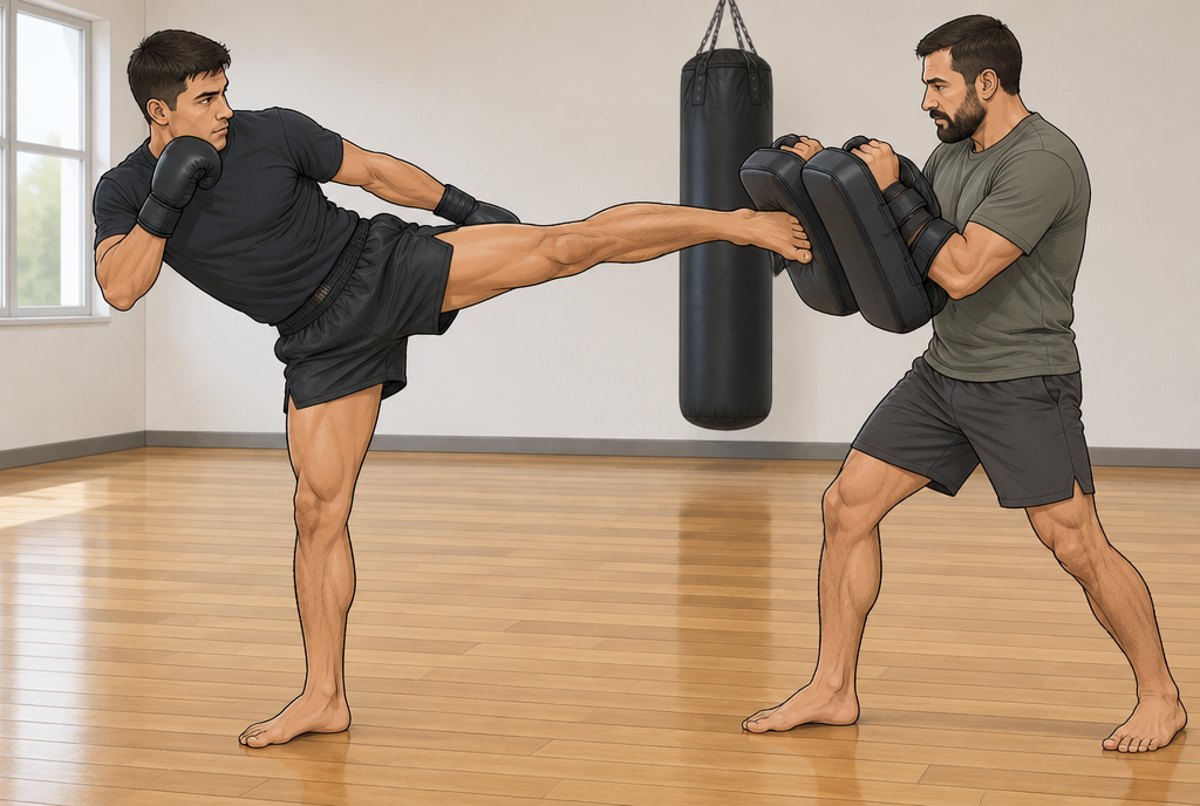 A fighter's shin striking pads held on a trainer's forearms in a round kick.