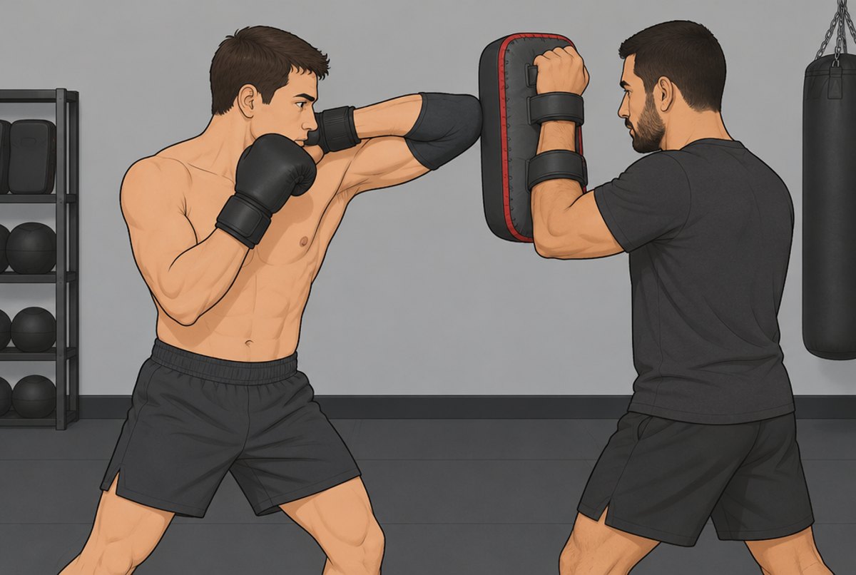 A fighter striking a held pad with a horizontal elbow at close range.