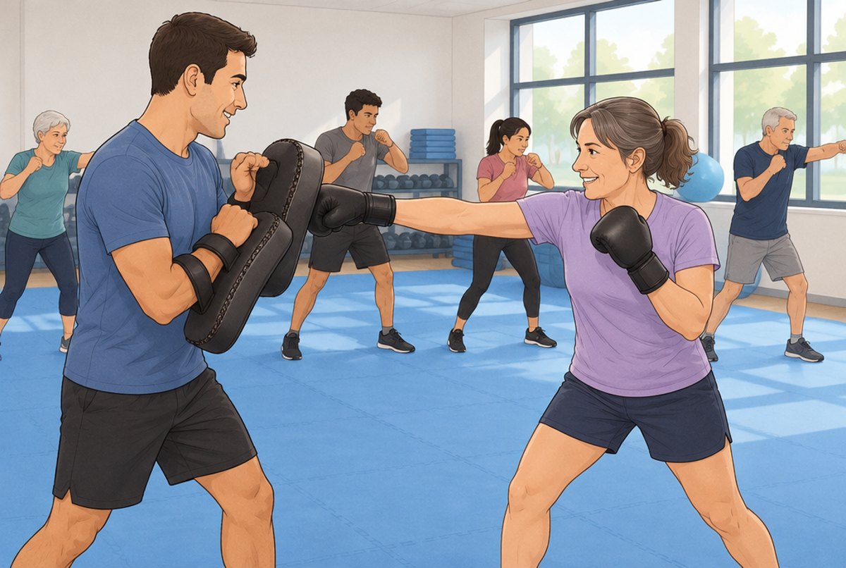 A coach holding pads for an adult beginner's punch, other beginners shadow boxing behind.