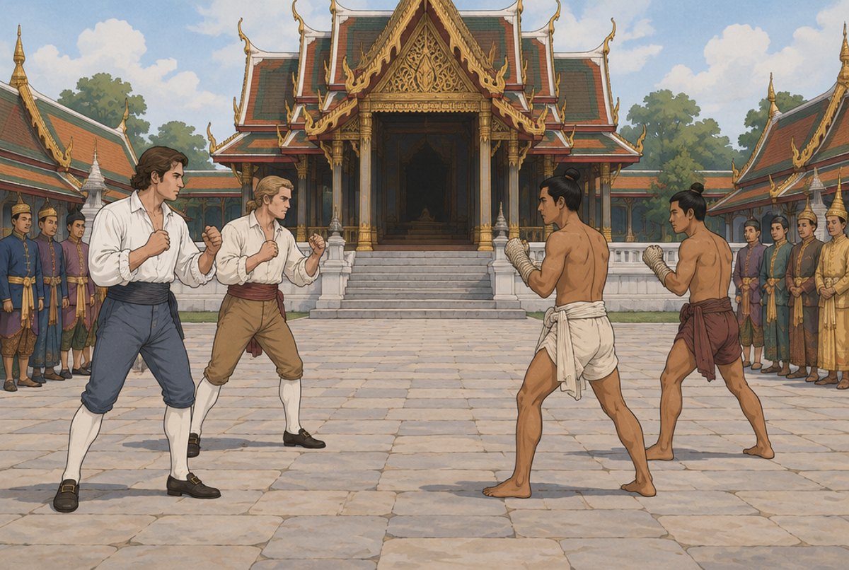 Two European boxers facing two Siamese boxers in a royal courtyard, with a pavilion behind.
