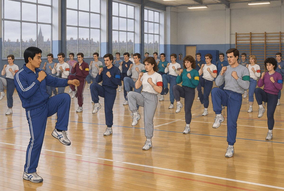 A Thai teacher leading rows of adult students in a 1989 Scottish sports hall.