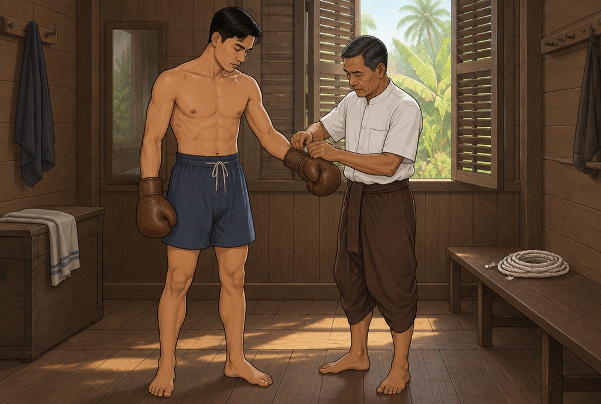 A boxer pulling on leather gloves, a coil of rope left on the bench beside him.