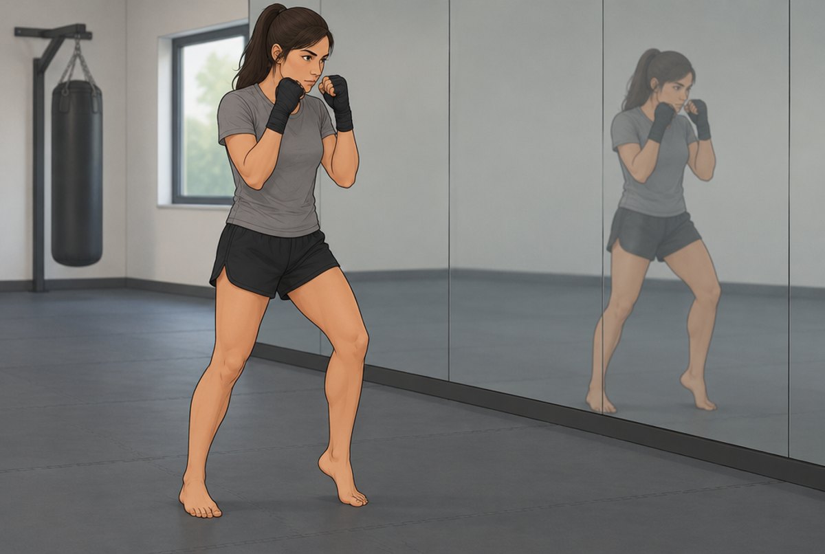 A woman standing in a Muay Thai guard, hands high and elbows close, weight balanced.
