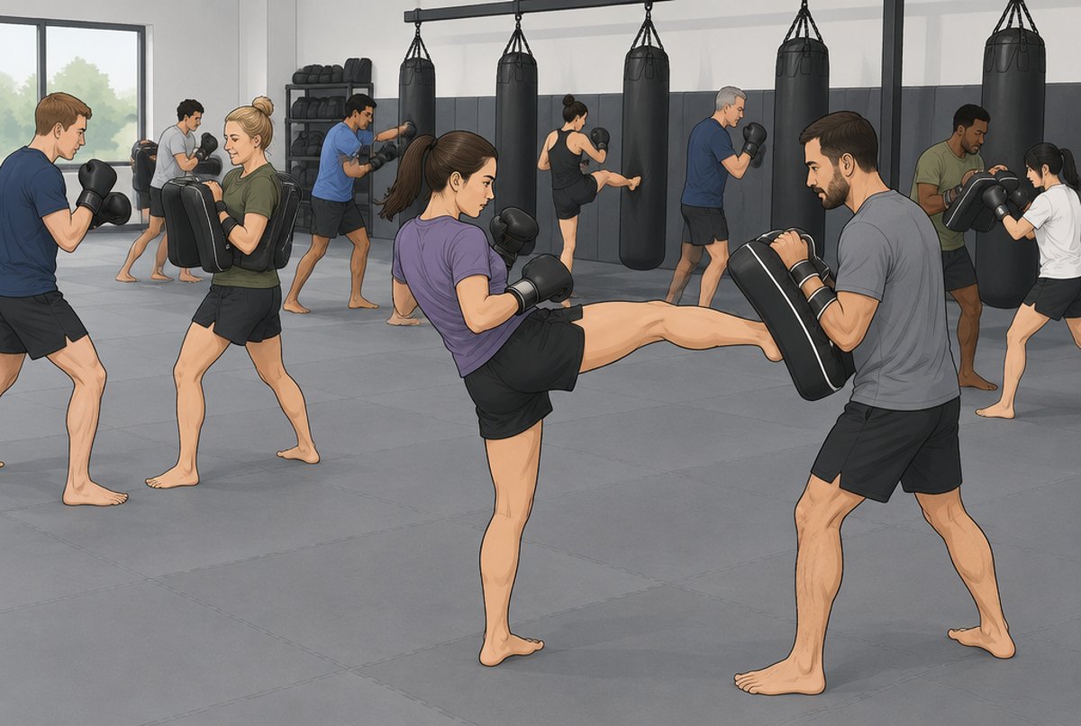 Adults training on pads and bags in a gym, nobody wearing a belt or armband.
