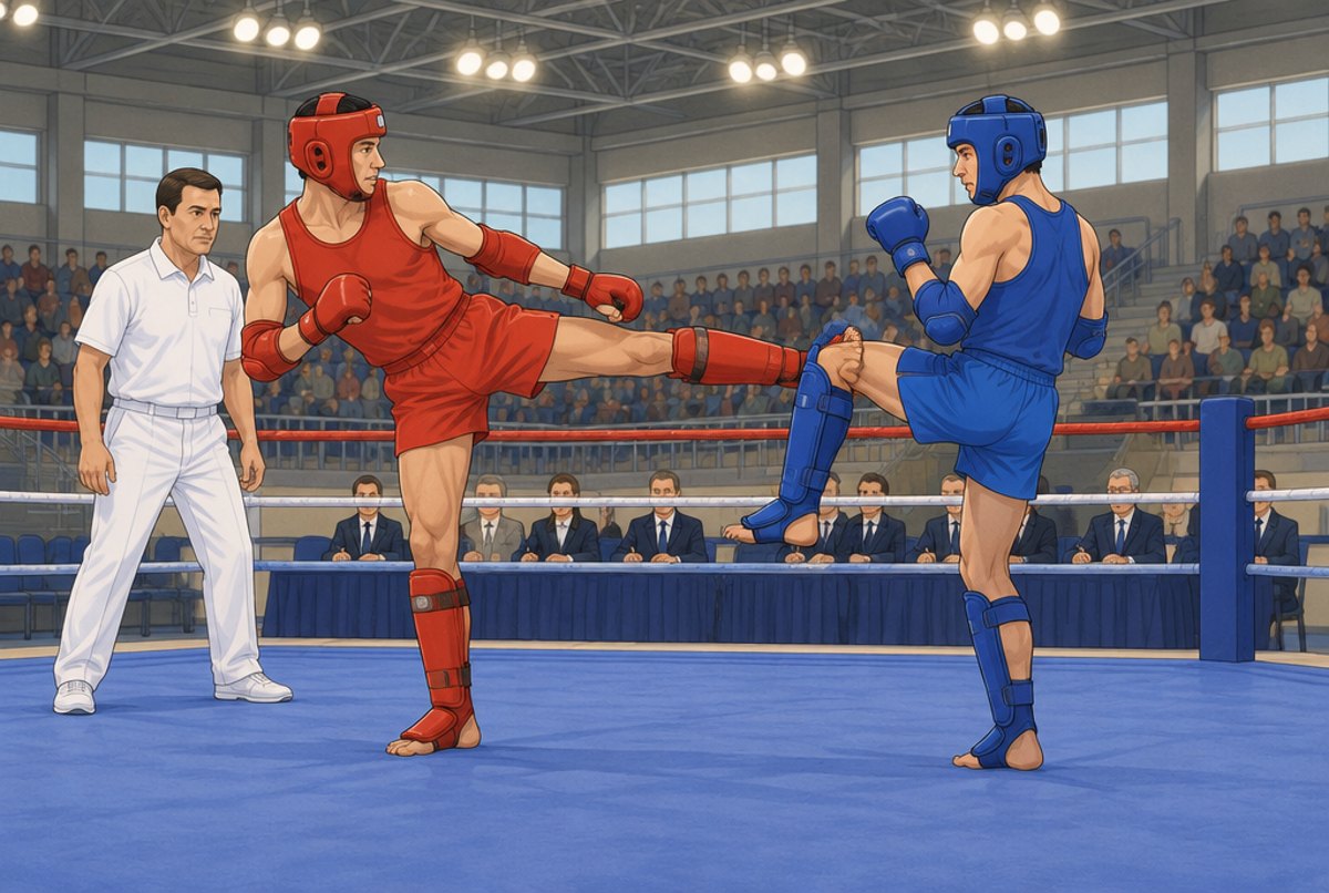 Two amateur fighters in head guards, elbow guards and shin guards in a ring at a 1990s championship.