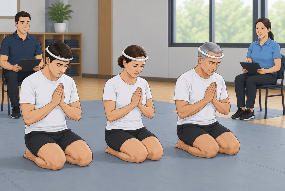 Three adult students in white headbands kneeling with palms together while two examiners watch.