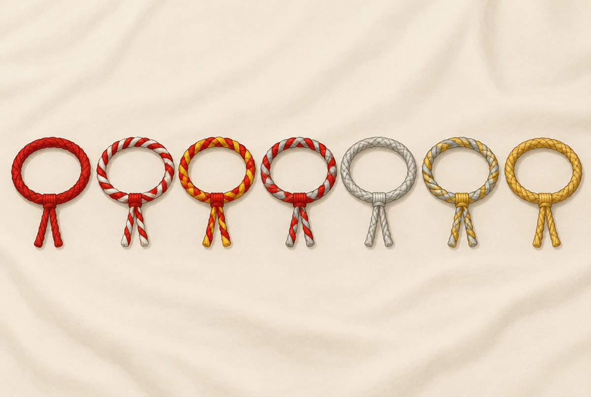 A row of ring shaped headbands in red, red and white, red and yellow, red and silver, silver, gold and silver, and gold.