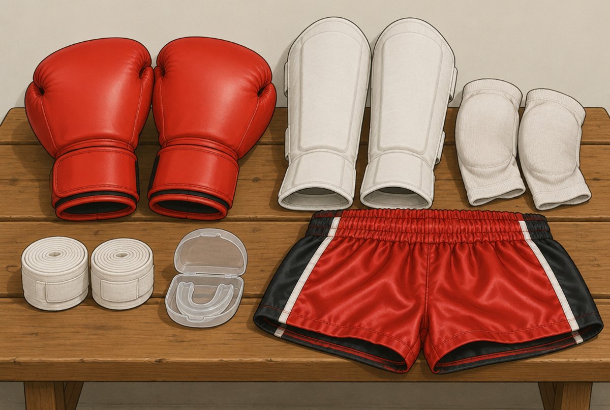 Gloves, hand wraps, shin guards, a gum shield, elbow guards and satin shorts laid out on a bench.