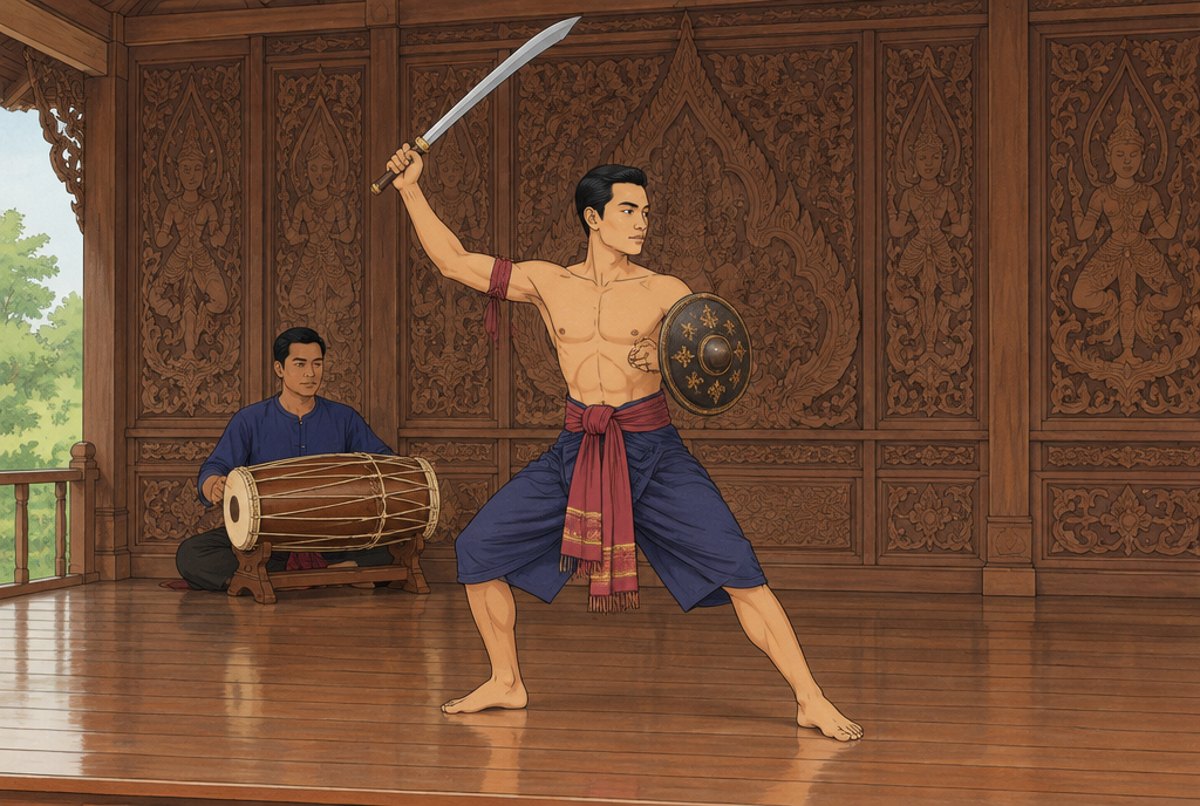 A performer in traditional dress holding a sword raised and a shield, with a drummer behind.