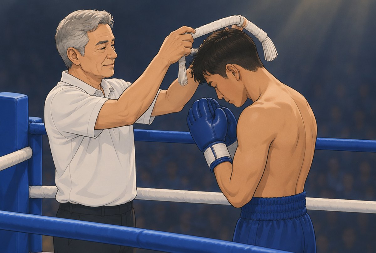 A teacher lifting the sacred headband from a fighter's head in the corner of the ring.