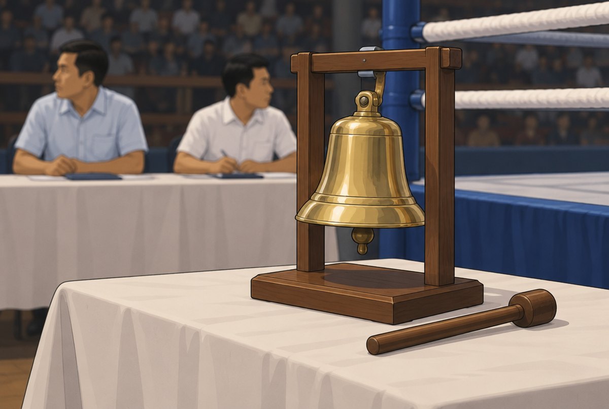 A brass ring bell on a ringside table, officials blurred behind.