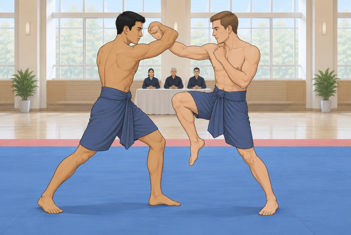 Two men in traditional wraps demonstrating an elbow, a block and a controlled knee on a competition mat.