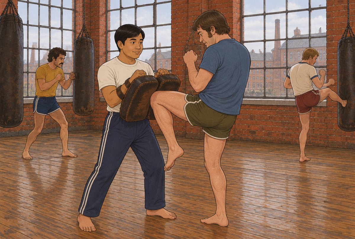 A Thai teacher holding pads for a student's knee strike in a 1970s Manchester mill gym.