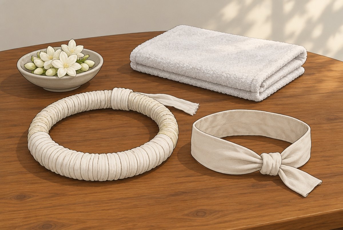A ring shaped sacred headband and a knotted cloth armband on a wooden table with jasmine flowers.