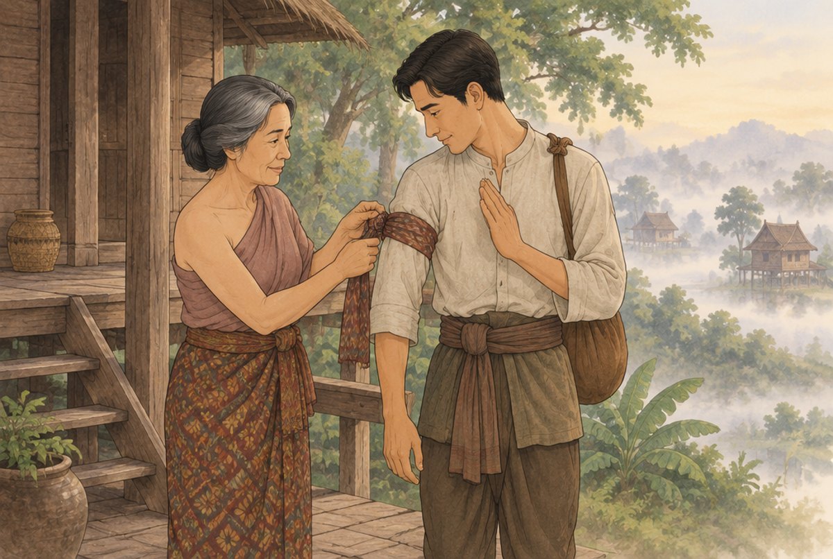 A painterly legend scene: a woman tying a strip of her sarong around a man's arm before he leaves.