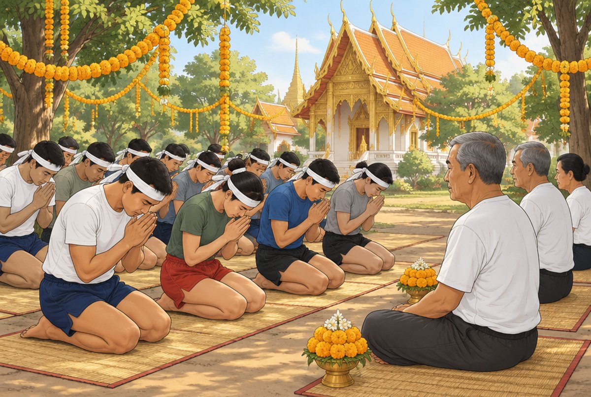 Rows of adults kneeling with palms together at an outdoor ceremony of respect to teachers, a temple behind.
