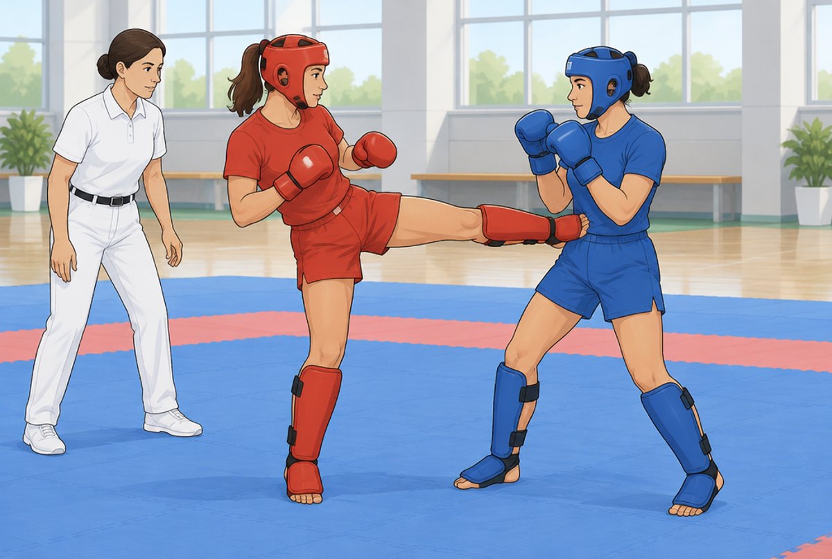 Two women in head guards sparring with light, controlled contact on a mat, a referee close by.
