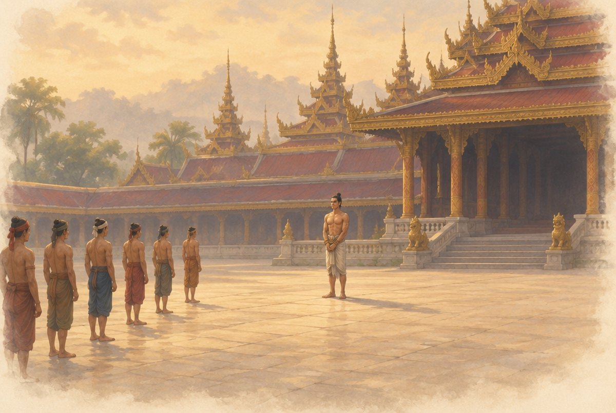 A painterly legend scene: a lone boxer with rope bound hands facing a line of champions in a palace courtyard.