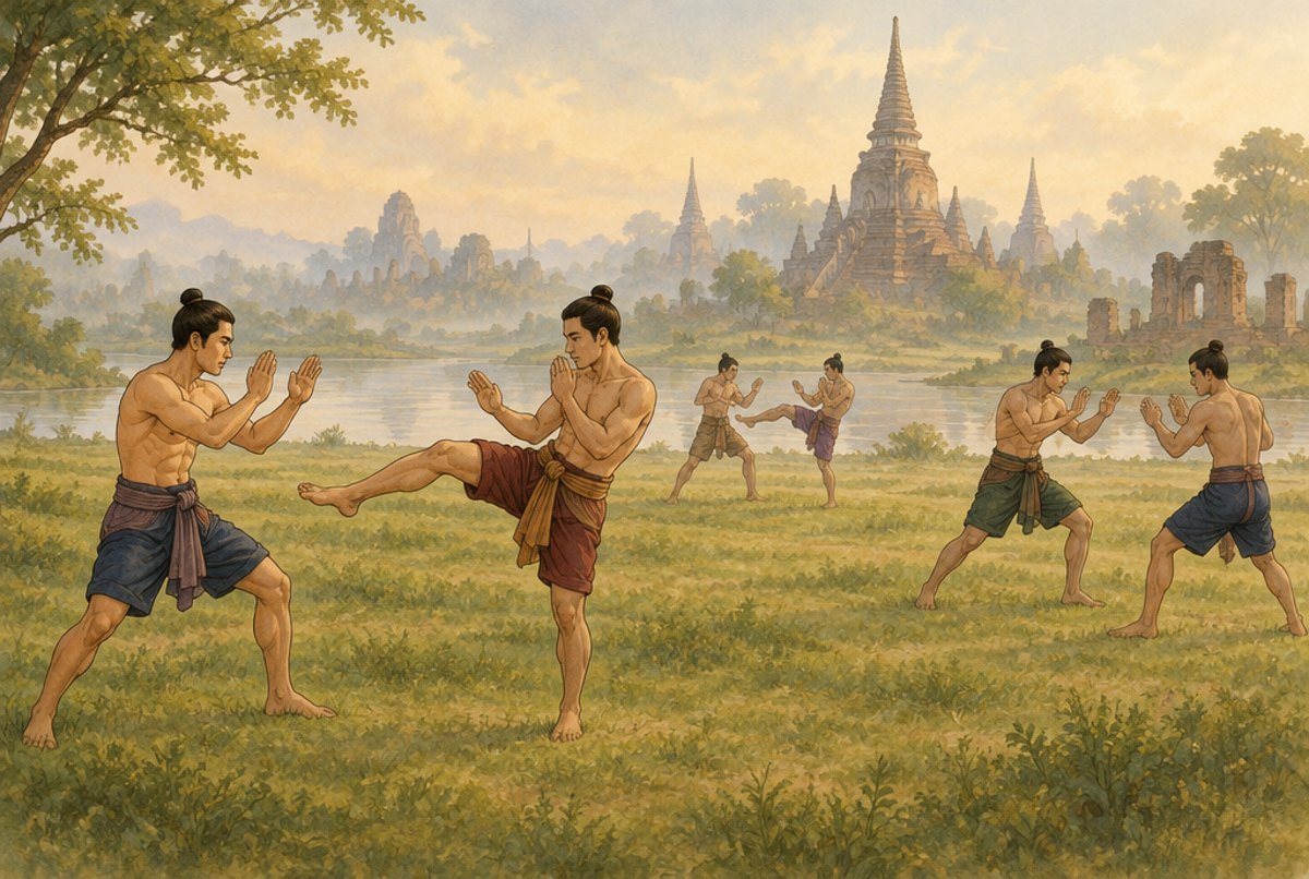 A painterly legend scene of old Siamese warriors training empty handed on a riverside field.
