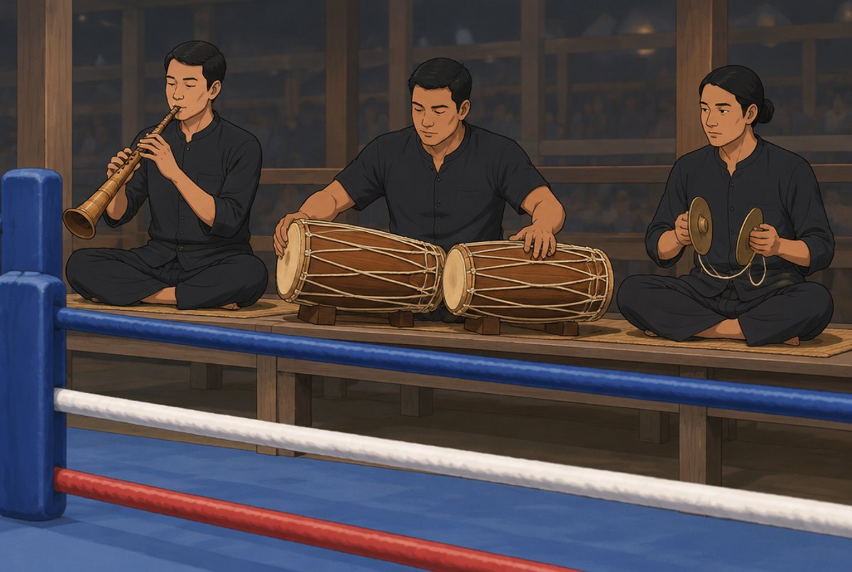 Three musicians at ringside playing an oboe, two drums and small cymbals.