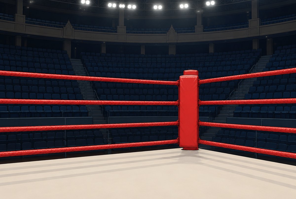 A corner of an empty stadium ring under bright lights, empty seats rising behind.