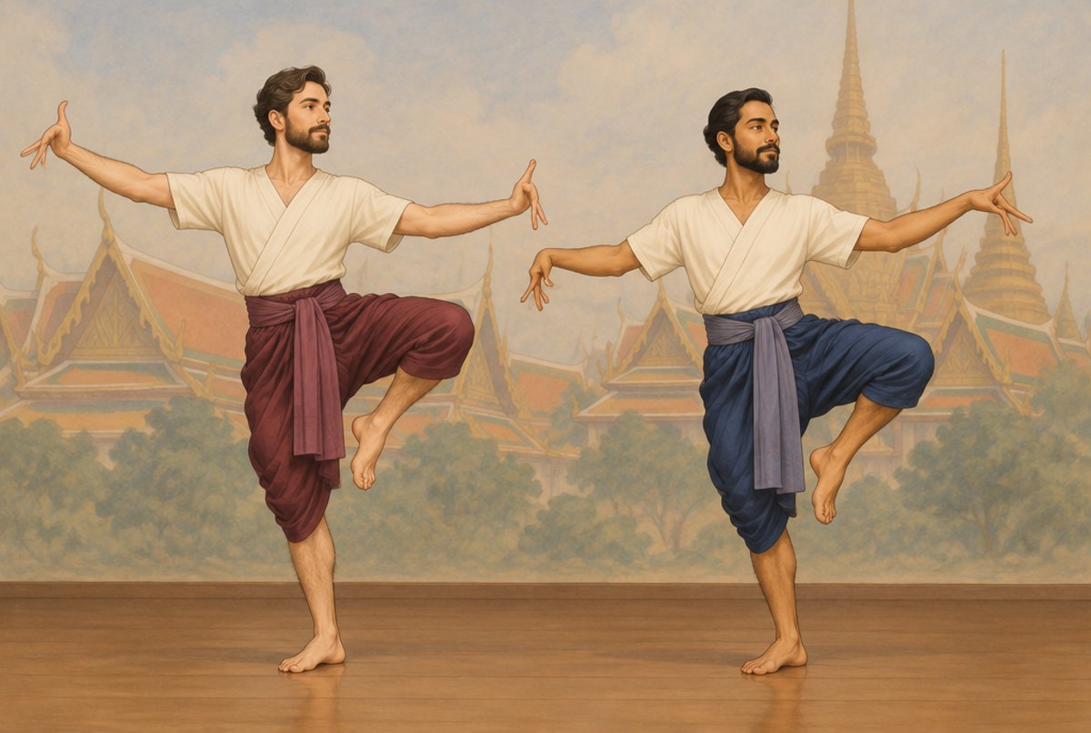 Two men in traditional dress demonstrating a standing posture of the wai kru dance together on a stage, one knee raised, arms extended.