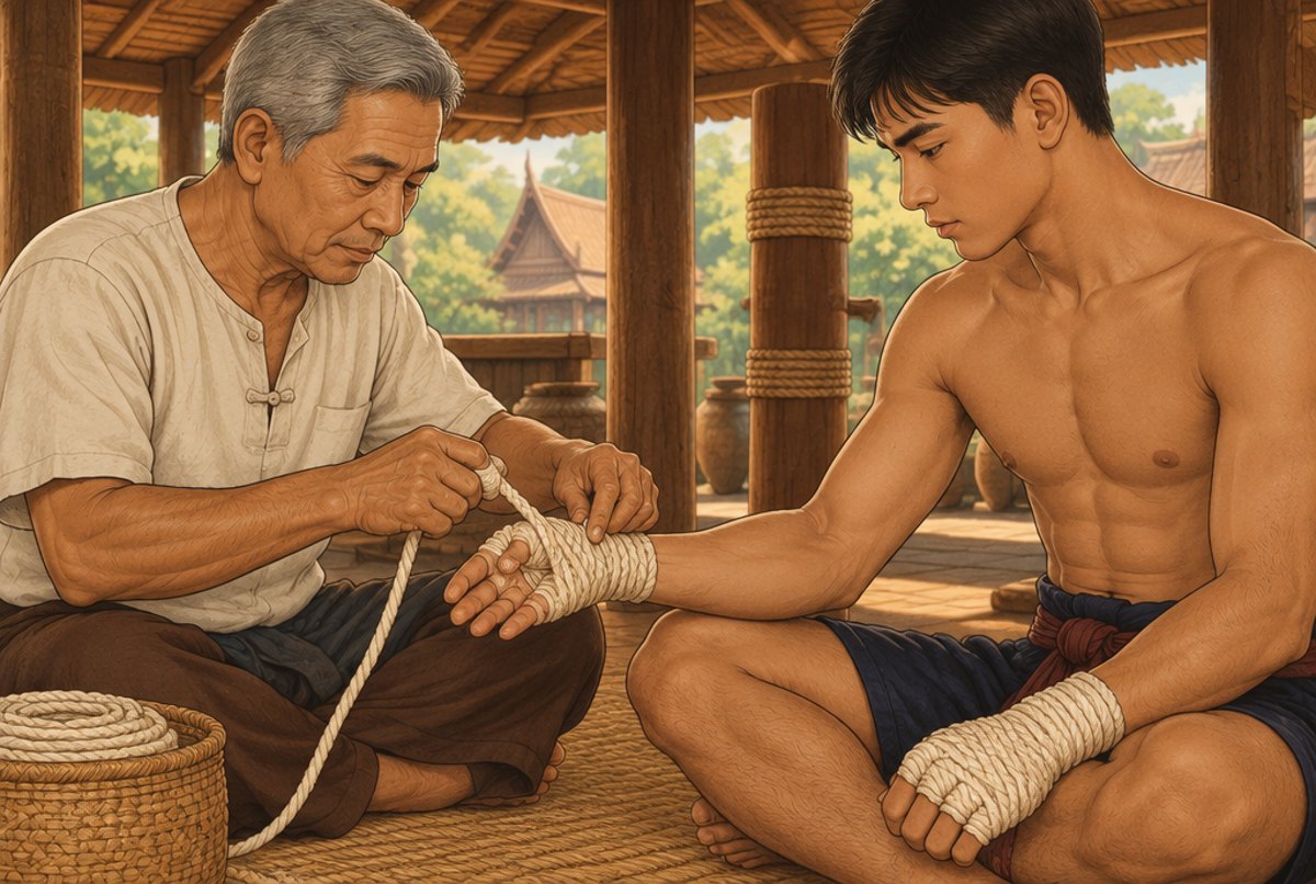 An older teacher winding cotton rope around a young adult fighter's hand.