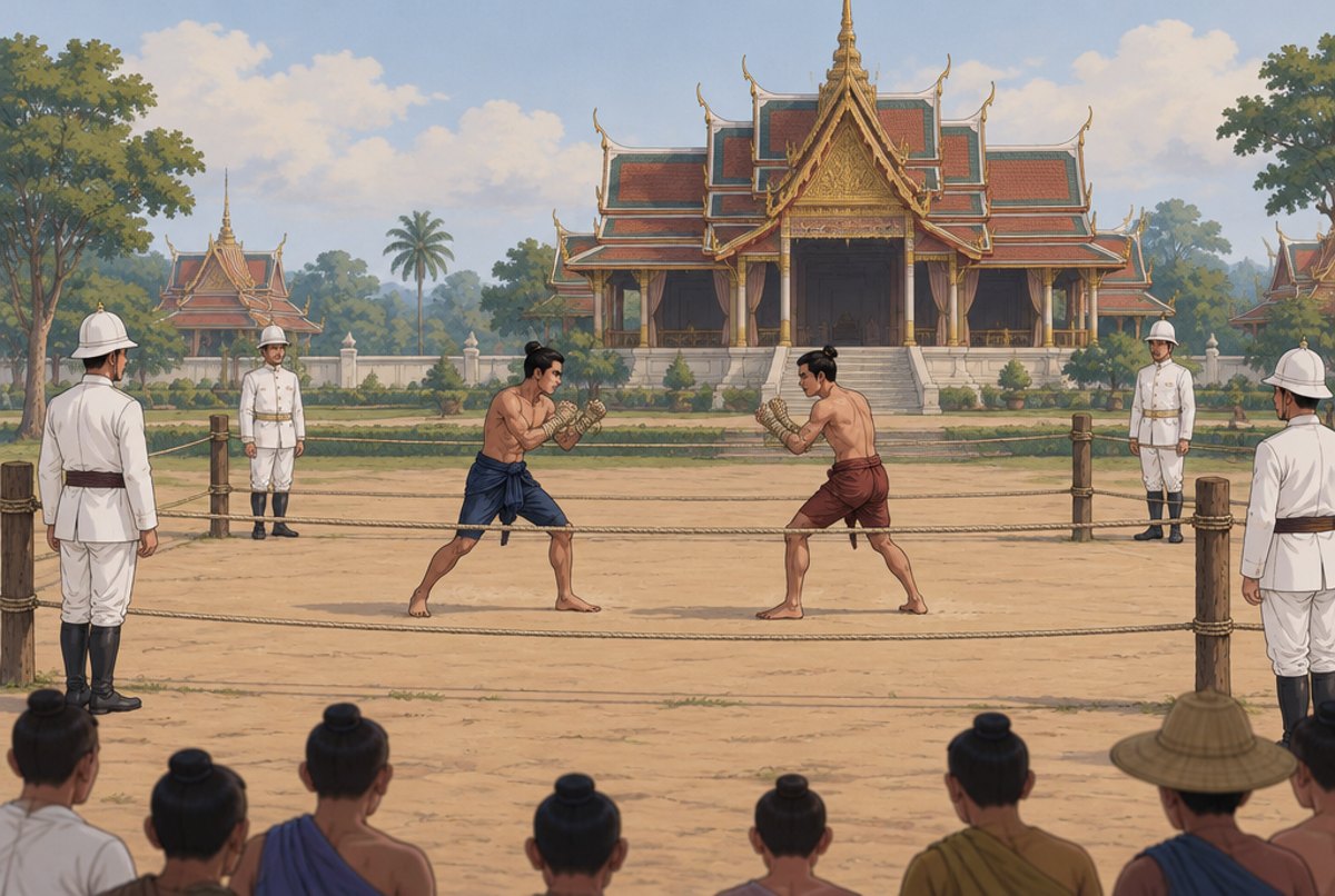 Two boxers with rope bound hands at a 19th century tournament, officials beside them and a pavilion in the distance.