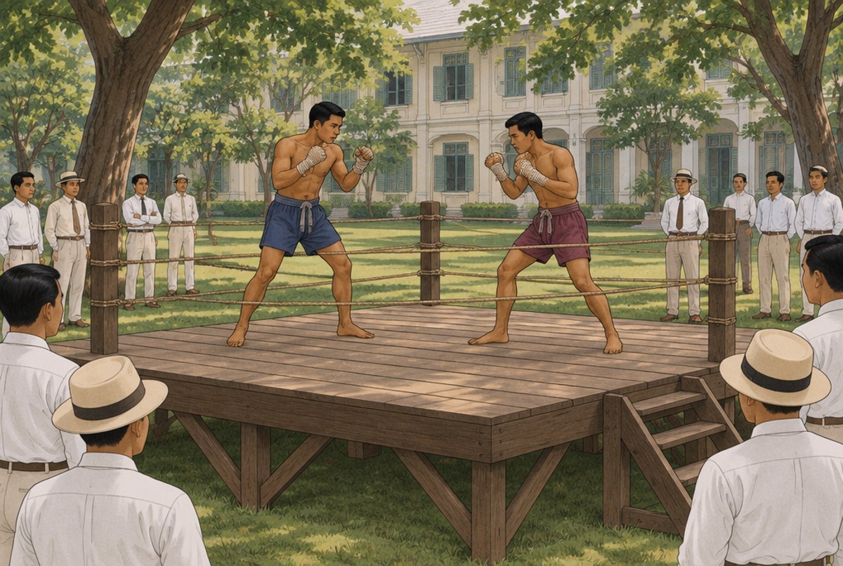 A newly built raised boxing ring on college grounds in 1921, two boxers in guard inside it.