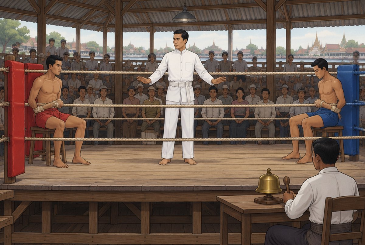 A three rope ring with a red corner and a blue corner, boxers on stools and a referee in white.